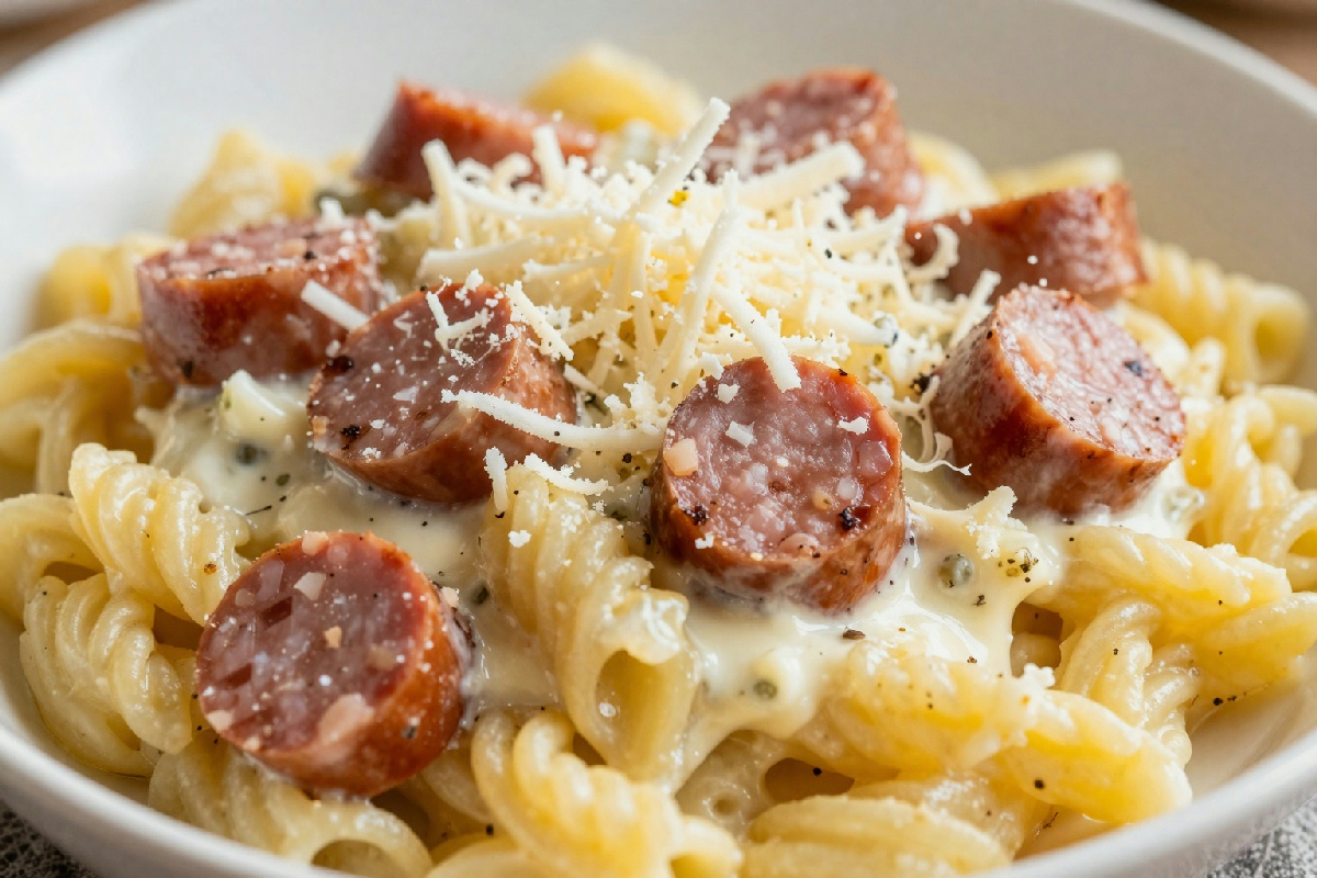 Pasta con crema di patate, salsiccia e un tocco di formaggio fresco per un piatto gustoso e nutriente